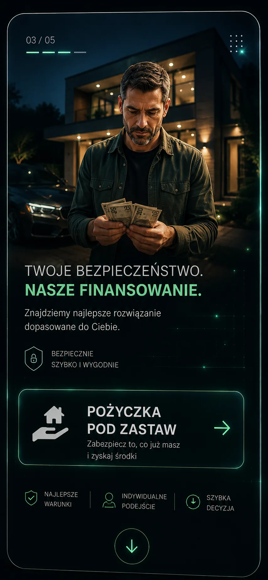 Mężczyzna liczący pieniądze przed domem — pożyczka pod zastaw nieruchomości